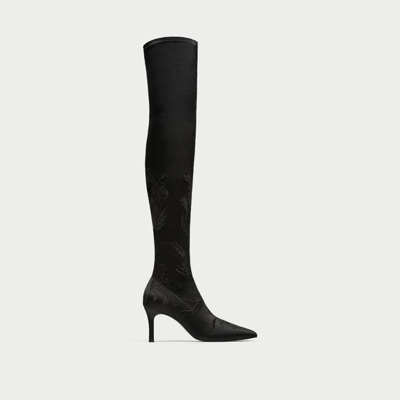 [SOLD]NWT Zara US 6.5 Embroidered Black Knee Boots - Picture 4 of 5